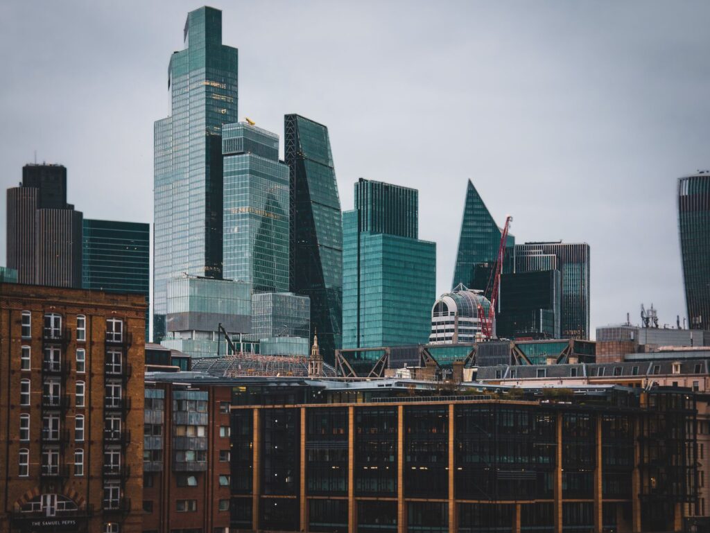 Skyline featuring contemporary skyscrapers in London's financial district.